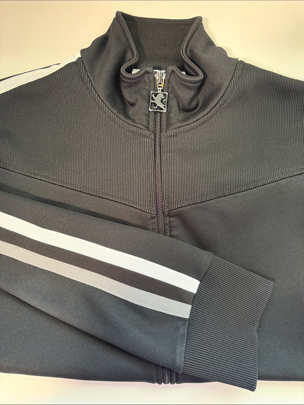 Express Men's Black Track Jacket with Gray & White Stripes